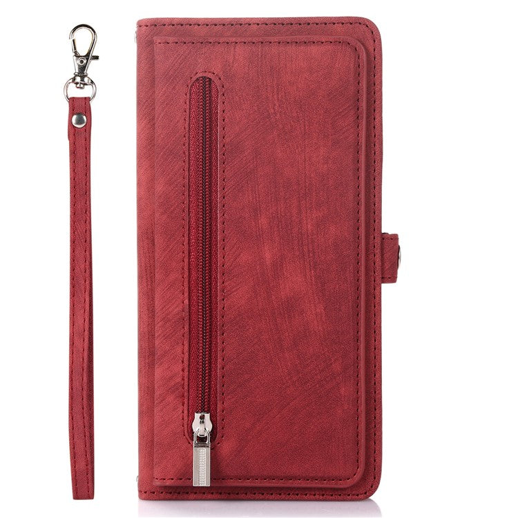 For Samsung Galaxy S23 Zipper Pocket Wallet 9 Card Slots Multifunctional Phone Case PU Leather Stand Phone Cover with Wrist Strap - Red
