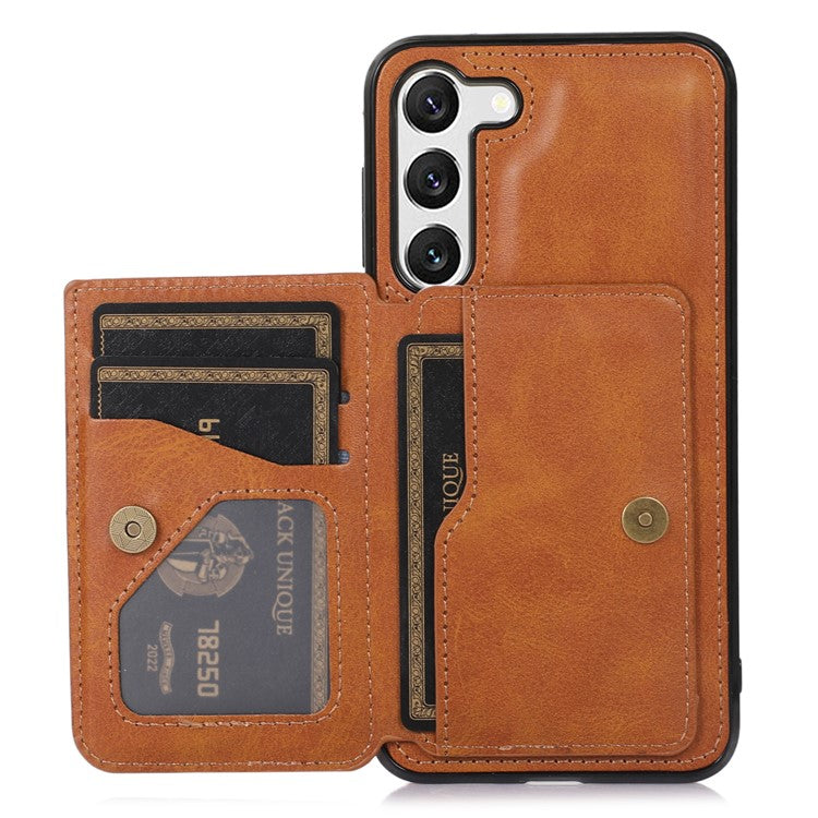For Samsung Galaxy S23 Card Slots PU Leather Coated TPU Case Kickstand Phone Cover with Car Mount Metal Sheet - Brown