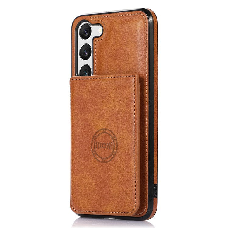 For Samsung Galaxy S23 Card Slots PU Leather Coated TPU Case Kickstand Phone Cover with Car Mount Metal Sheet - Brown