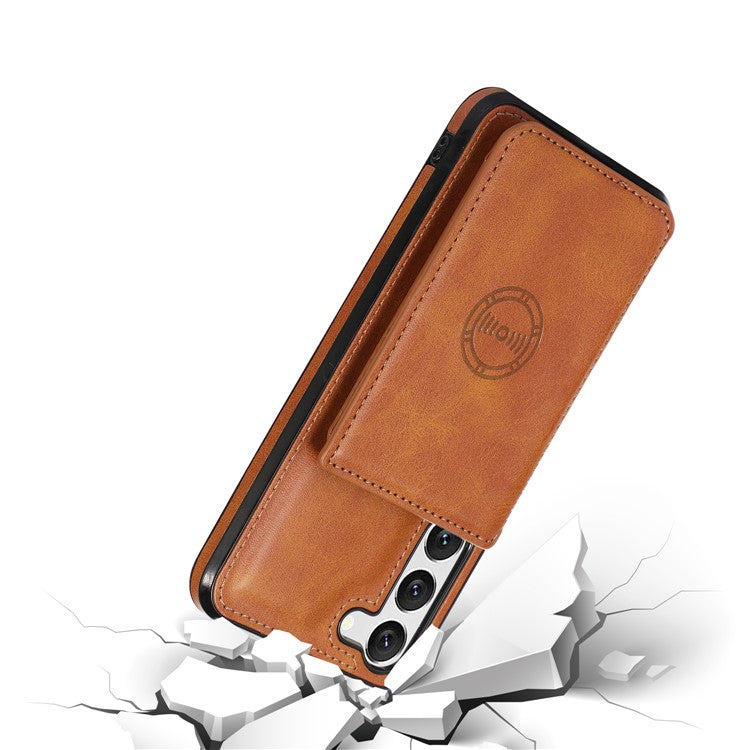 For Samsung Galaxy S23 Card Slots PU Leather Coated TPU Case Kickstand Phone Cover with Car Mount Metal Sheet - Brown