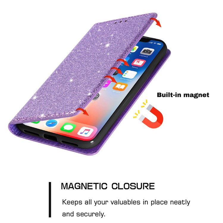 For Samsung Galaxy A34 5G Glitter PU Leather Slim Phone Case Card Holder Stand Magnetic Absorption Shockproof Cover - Purple