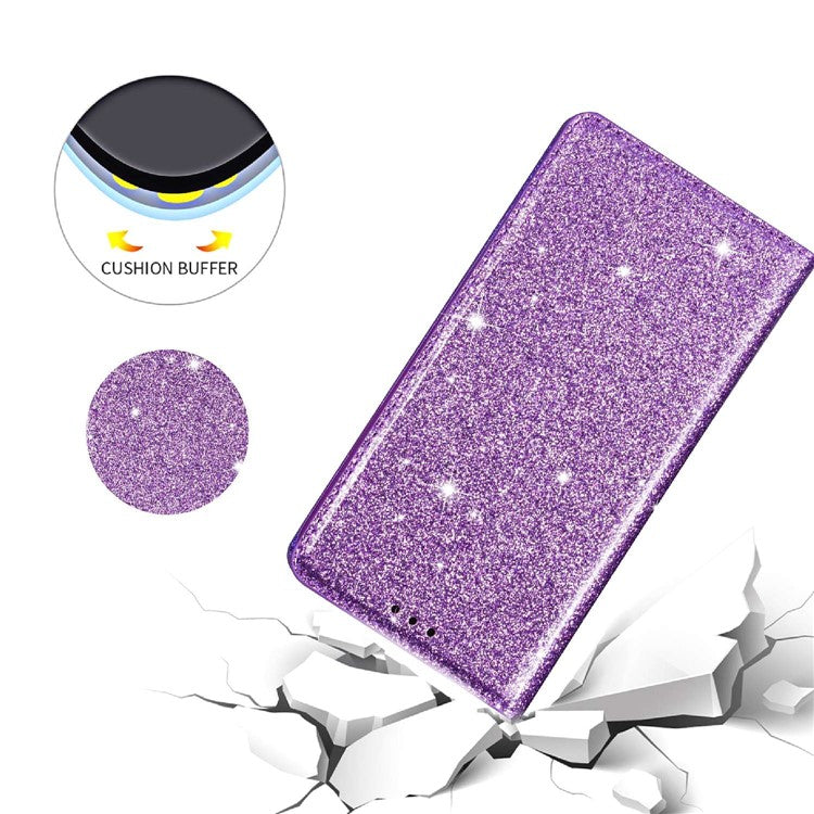For Samsung Galaxy A34 5G Glitter PU Leather Slim Phone Case Card Holder Stand Magnetic Absorption Shockproof Cover - Purple