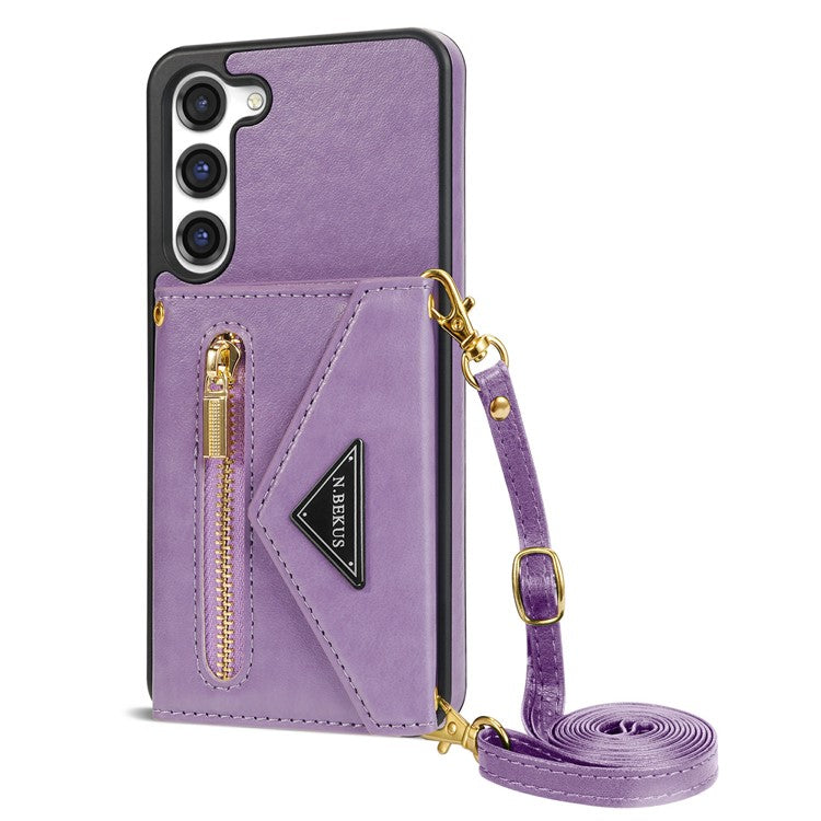 N.BEKUS for Samsung Galaxy S23+ Anti-scratch PU Leather Coated TPU Cover Zipper Pocket Wallet Kickstand Phone Case with Shoulder Strap - Purple
