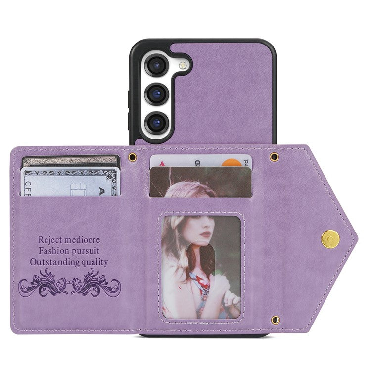 N.BEKUS for Samsung Galaxy S23+ Anti-scratch PU Leather Coated TPU Cover Zipper Pocket Wallet Kickstand Phone Case with Shoulder Strap - Purple