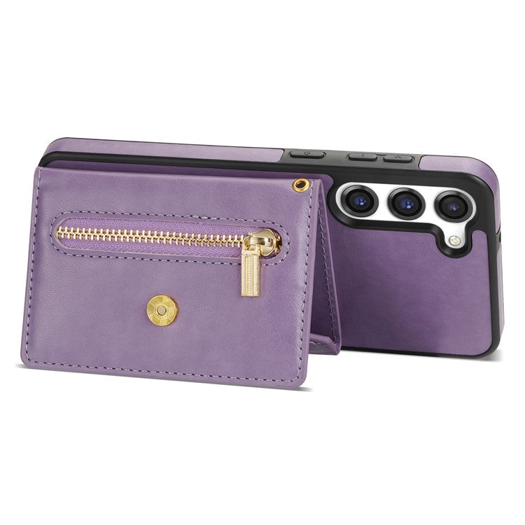 N.BEKUS for Samsung Galaxy S23+ Anti-scratch PU Leather Coated TPU Cover Zipper Pocket Wallet Kickstand Phone Case with Shoulder Strap - Purple