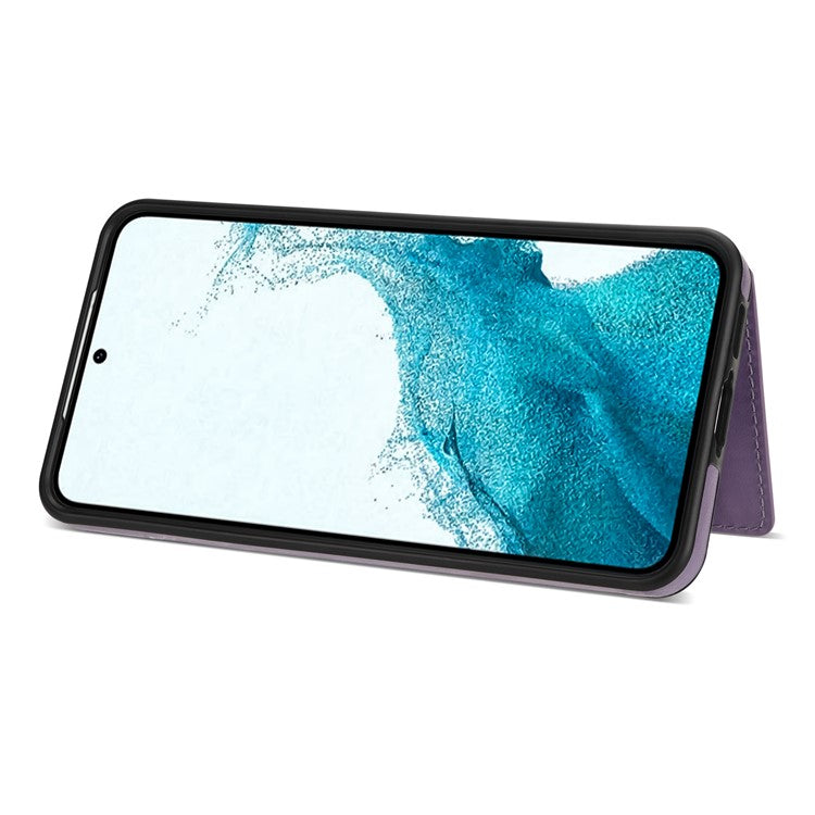 N.BEKUS for Samsung Galaxy S23+ Anti-scratch PU Leather Coated TPU Cover Zipper Pocket Wallet Kickstand Phone Case with Shoulder Strap - Purple