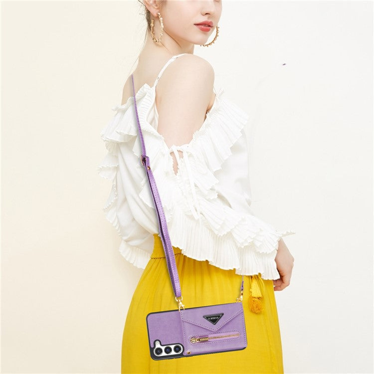 N.BEKUS for Samsung Galaxy S23+ Anti-scratch PU Leather Coated TPU Cover Zipper Pocket Wallet Kickstand Phone Case with Shoulder Strap - Purple