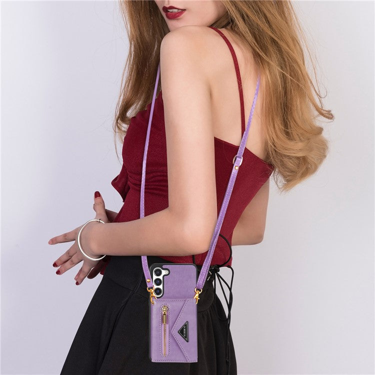 N.BEKUS for Samsung Galaxy S23+ Anti-scratch PU Leather Coated TPU Cover Zipper Pocket Wallet Kickstand Phone Case with Shoulder Strap - Purple