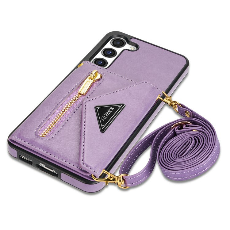 N.BEKUS for Samsung Galaxy S23+ Anti-scratch PU Leather Coated TPU Cover Zipper Pocket Wallet Kickstand Phone Case with Shoulder Strap - Purple