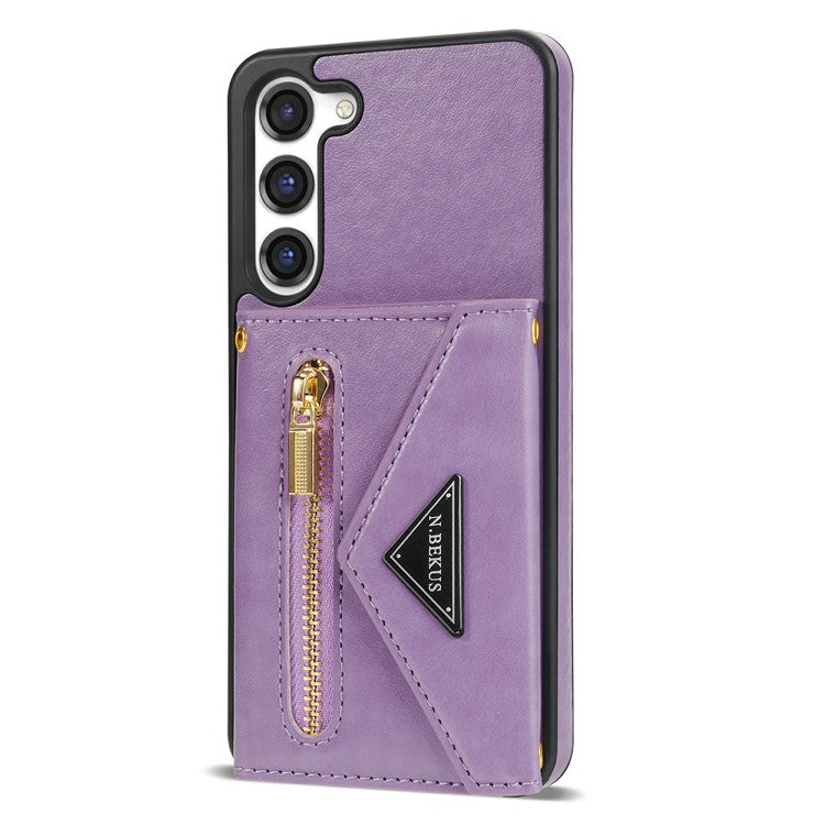 N.BEKUS for Samsung Galaxy S23+ Anti-scratch PU Leather Coated TPU Cover Zipper Pocket Wallet Kickstand Phone Case with Shoulder Strap - Purple