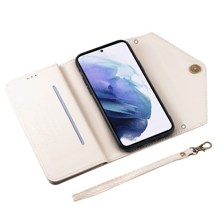 PU Leather Phone Case For Samsung Galaxy A14 5G / A14 4G Zipper Pocket Wallet Stand Cover with Strap - White