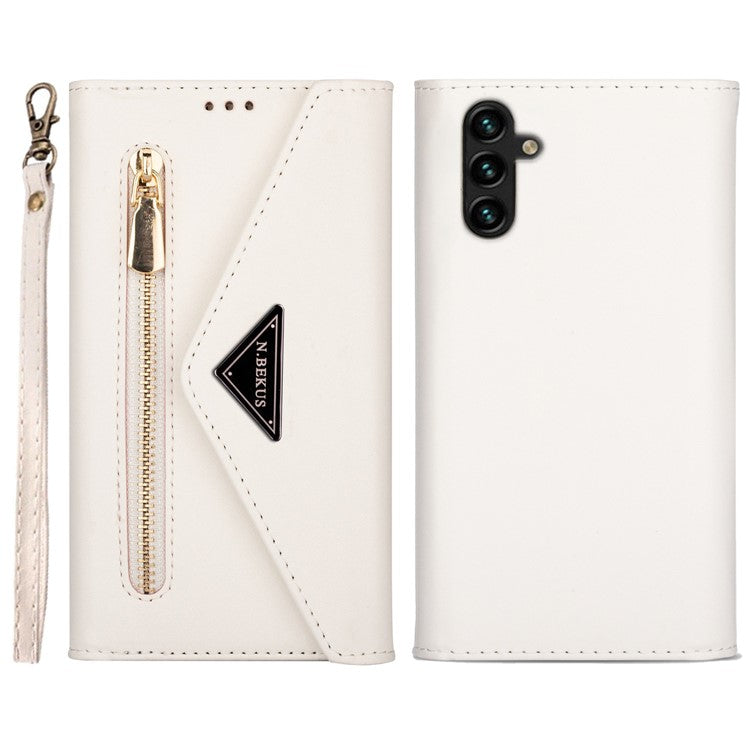 Cell Phone Case For Samsung Galaxy A34 5G Skin-touch Feeling Zipper Pocket Wallet Stand Full Protection PU Leather Phone Cover with Short + Long Strap - White
