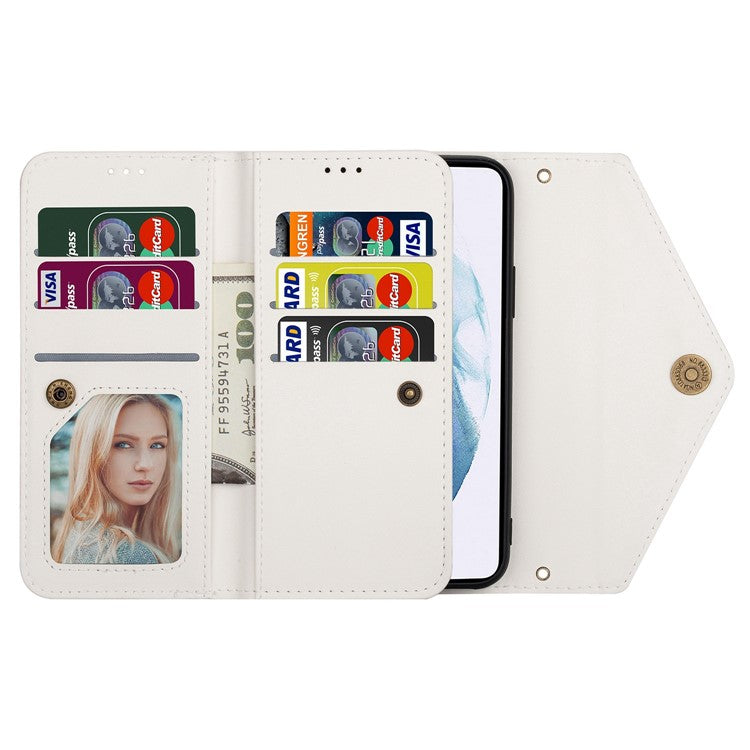 Cell Phone Case For Samsung Galaxy A34 5G Skin-touch Feeling Zipper Pocket Wallet Stand Full Protection PU Leather Phone Cover with Short + Long Strap - White