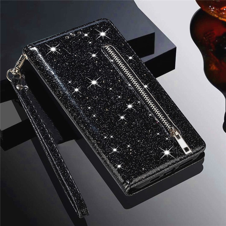 For Samsung Galaxy A54 5G Full Protection Phone Case Zipper Pocket Glittery Sequins PU Leather Flip Phone Cover Wallet Stand - Black