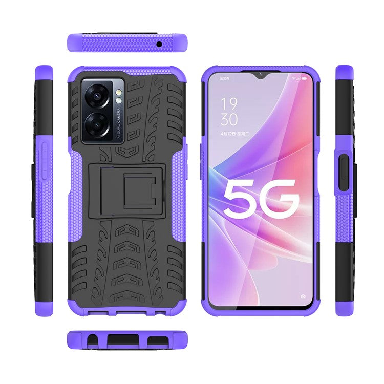 For Oppo A57 (2022) 5G / A77 5G / OnePlus Nord N300 5G Cool Tyre Pattern Kickstand Phone Case PC+TPU Drop-proof Cover - Purple