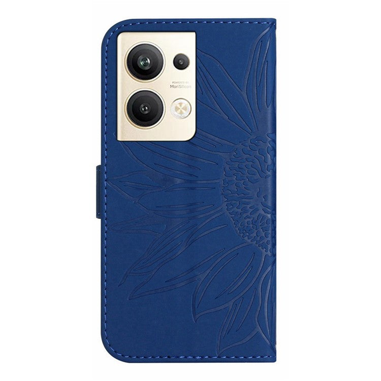 Sunflower Imprinted Phone Case For Oppo Reno9 Pro+ 5G, HT04 Anti-fall Skin-Touch Flip Phone Wallet Cover Stand with Hand Strap - Sapphire