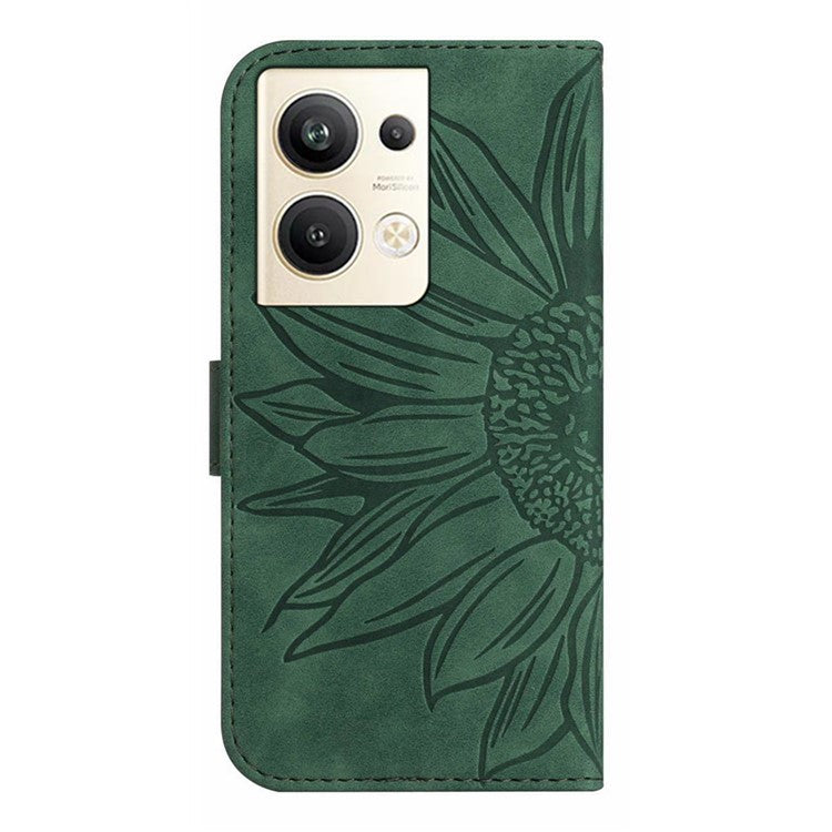 Sunflower Imprinted Phone Case For Oppo Reno9 Pro+ 5G, HT04 Anti-fall Skin-Touch Flip Phone Wallet Cover Stand with Hand Strap - Dark Green