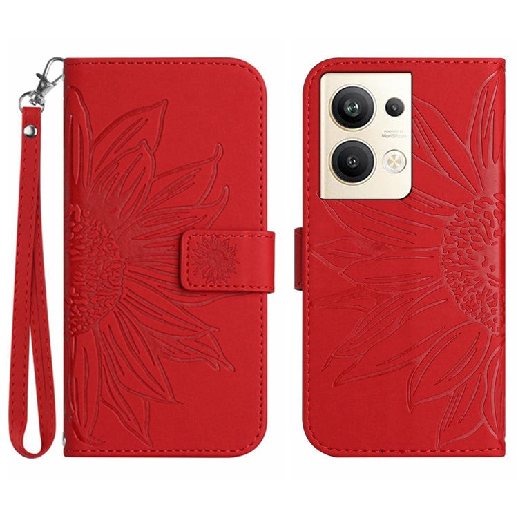 Sunflower Imprinted Phone Case For Oppo Reno9 Pro+ 5G, HT04 Anti-fall Skin-Touch Flip Phone Wallet Cover Stand with Hand Strap - Red