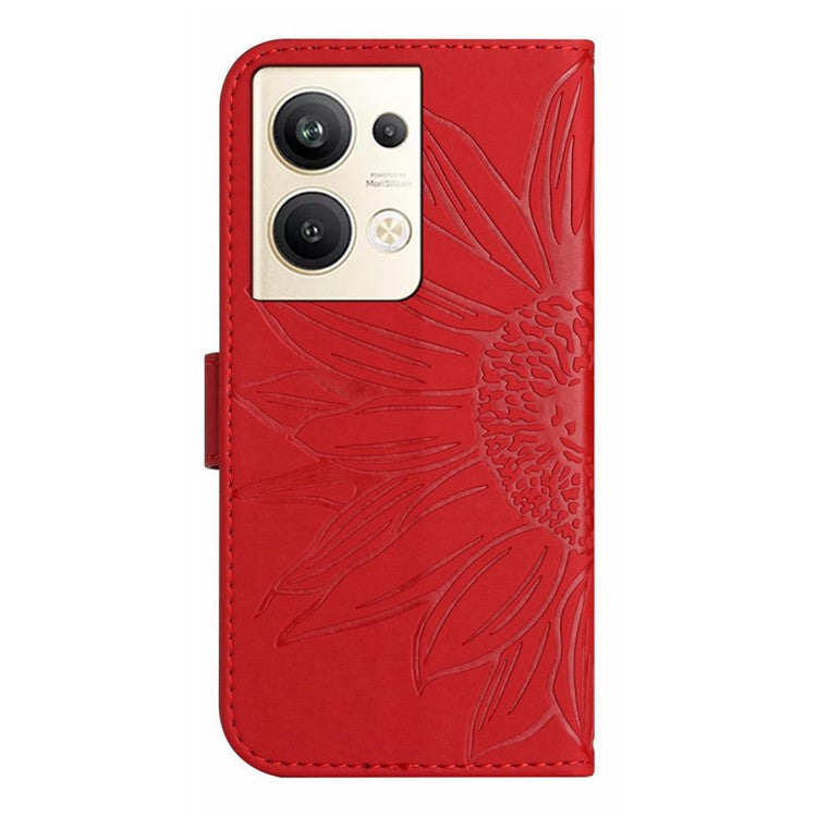 Sunflower Imprinted Phone Case For Oppo Reno9 Pro+ 5G, HT04 Anti-fall Skin-Touch Flip Phone Wallet Cover Stand with Hand Strap - Red