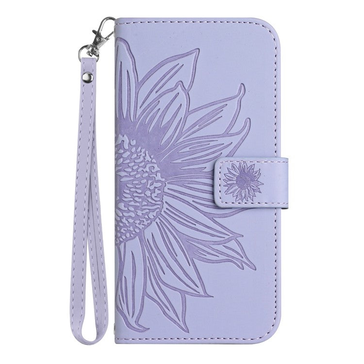 Sunflower Imprinted Phone Case For Oppo Reno9 Pro+ 5G, HT04 Anti-fall Skin-Touch Flip Phone Wallet Cover Stand with Hand Strap - Light Purple