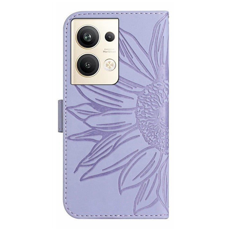 Sunflower Imprinted Phone Case For Oppo Reno9 Pro+ 5G, HT04 Anti-fall Skin-Touch Flip Phone Wallet Cover Stand with Hand Strap - Light Purple