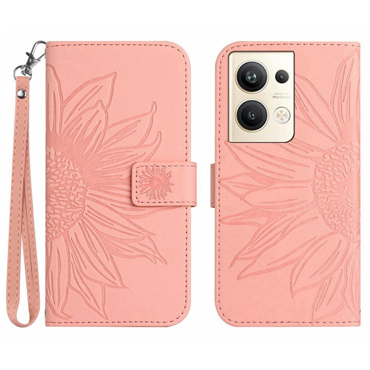 Sunflower Imprinted Phone Case For Oppo Reno9 Pro+ 5G, HT04 Anti-fall Skin-Touch Flip Phone Wallet Cover Stand with Hand Strap - Light Pink