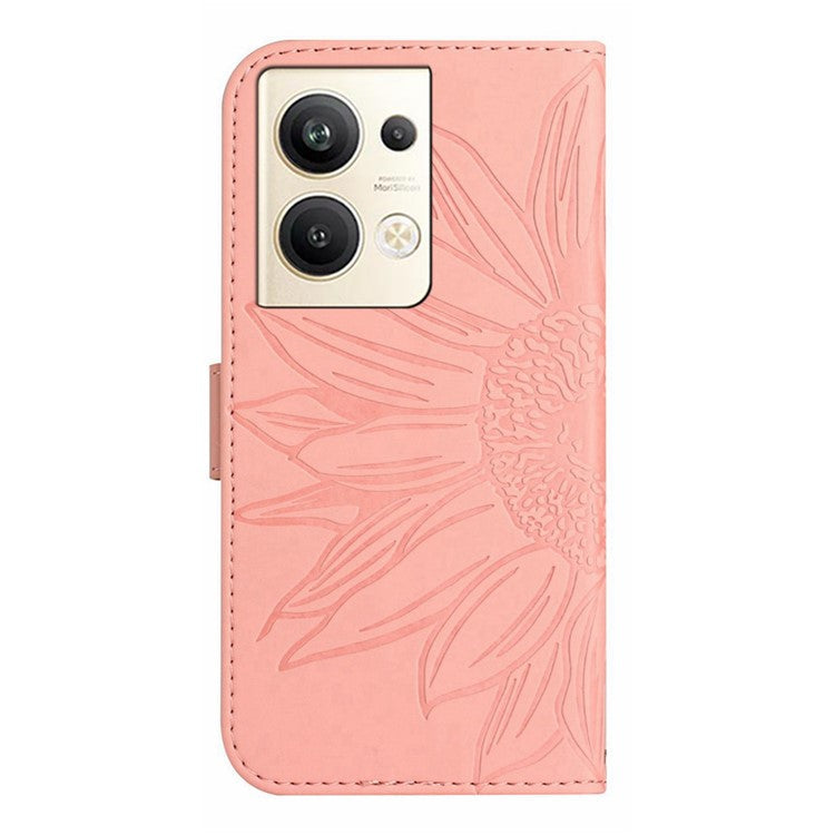 Sunflower Imprinted Phone Case For Oppo Reno9 Pro+ 5G, HT04 Anti-fall Skin-Touch Flip Phone Wallet Cover Stand with Hand Strap - Light Pink