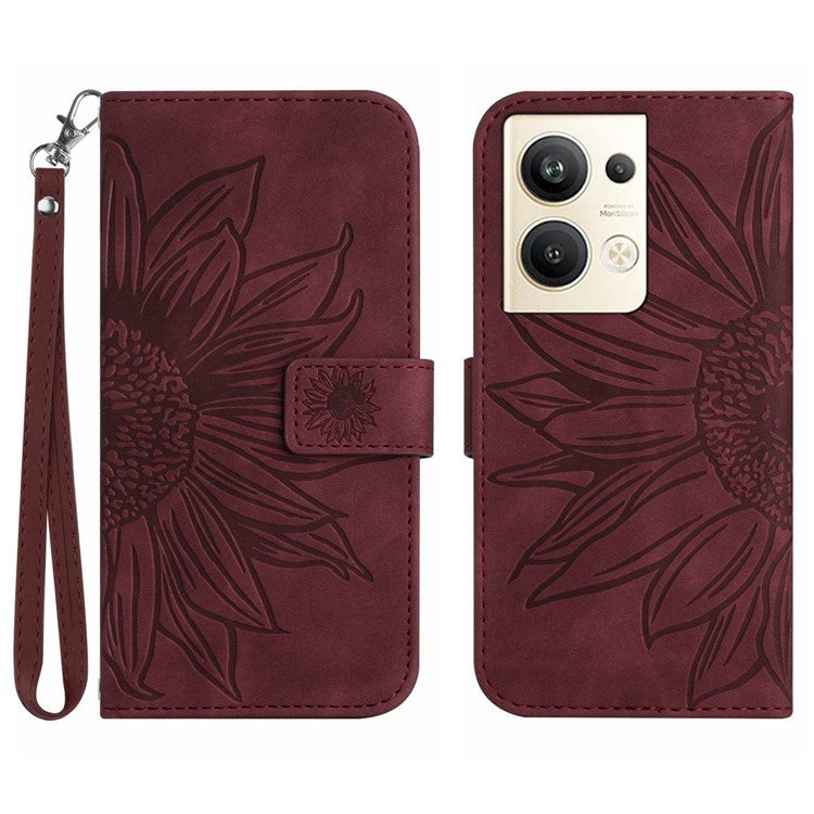 Sunflower Imprinted Phone Case For Oppo Reno9 Pro+ 5G, HT04 Anti-fall Skin-Touch Flip Phone Wallet Cover Stand with Hand Strap - Wine Red