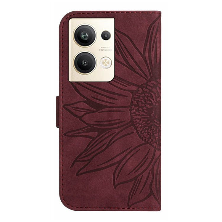 Sunflower Imprinted Phone Case For Oppo Reno9 Pro+ 5G, HT04 Anti-fall Skin-Touch Flip Phone Wallet Cover Stand with Hand Strap - Wine Red