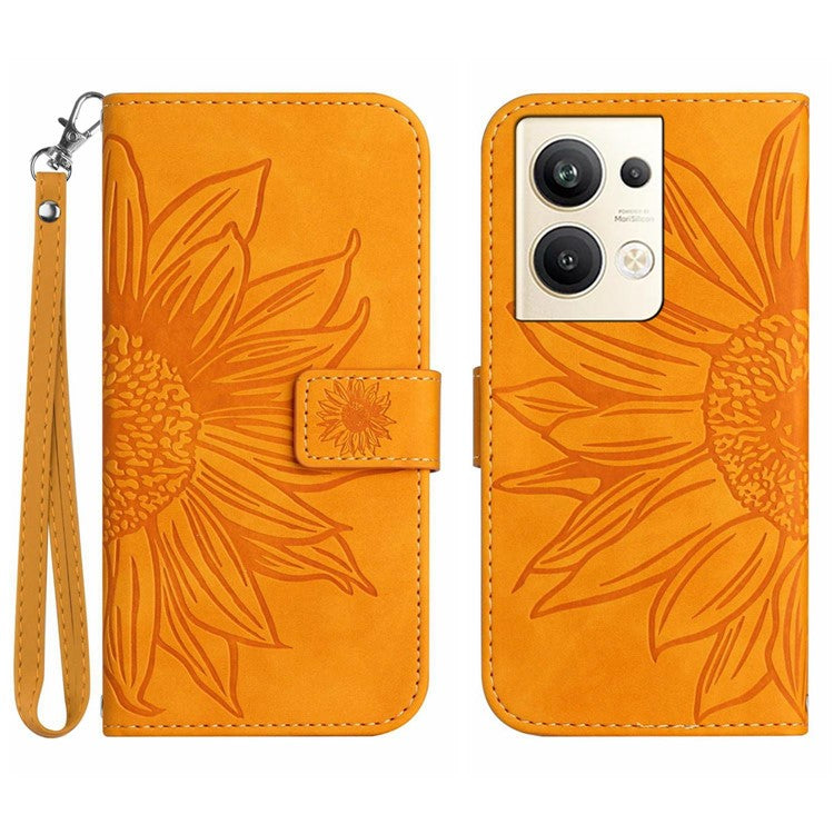 Sunflower Imprinted Phone Case For Oppo Reno9 Pro+ 5G, HT04 Anti-fall Skin-Touch Flip Phone Wallet Cover Stand with Hand Strap - Yellow