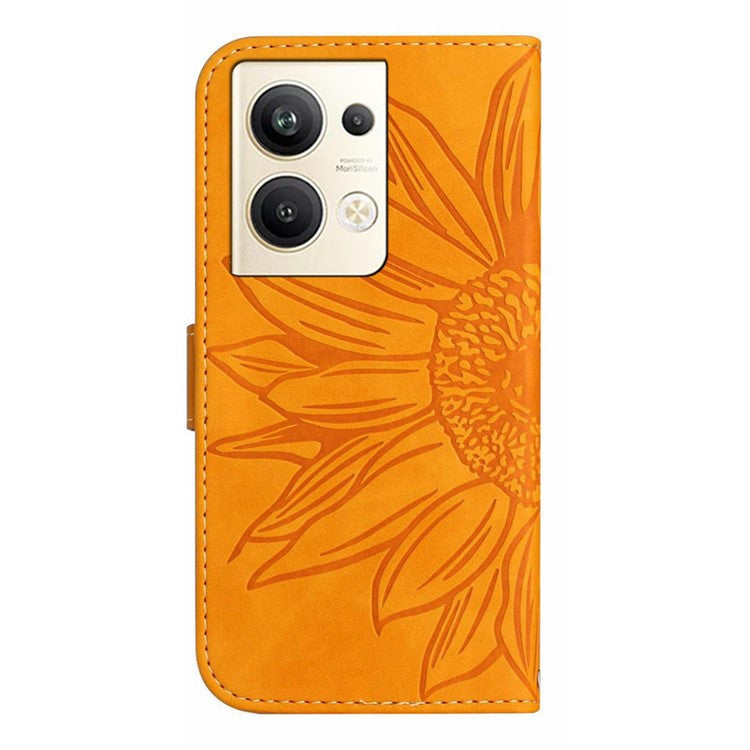 Sunflower Imprinted Phone Case For Oppo Reno9 Pro+ 5G, HT04 Anti-fall Skin-Touch Flip Phone Wallet Cover Stand with Hand Strap - Yellow