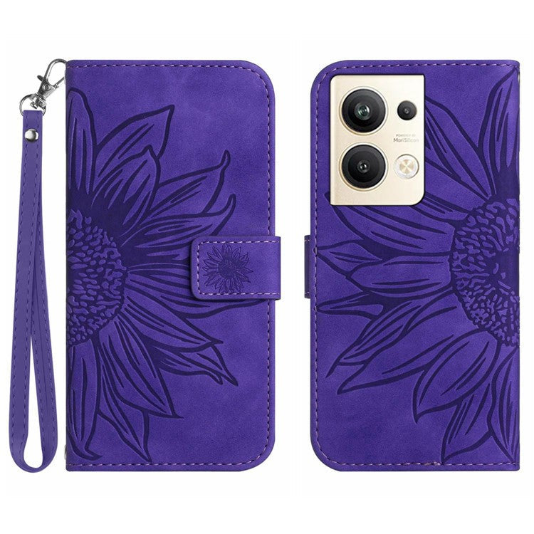 Sunflower Imprinted Phone Case For Oppo Reno9 Pro+ 5G, HT04 Anti-fall Skin-Touch Flip Phone Wallet Cover Stand with Hand Strap - Dark Purple