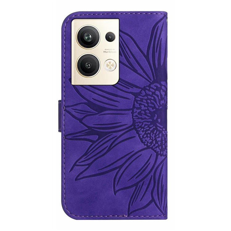 Sunflower Imprinted Phone Case For Oppo Reno9 Pro+ 5G, HT04 Anti-fall Skin-Touch Flip Phone Wallet Cover Stand with Hand Strap - Dark Purple