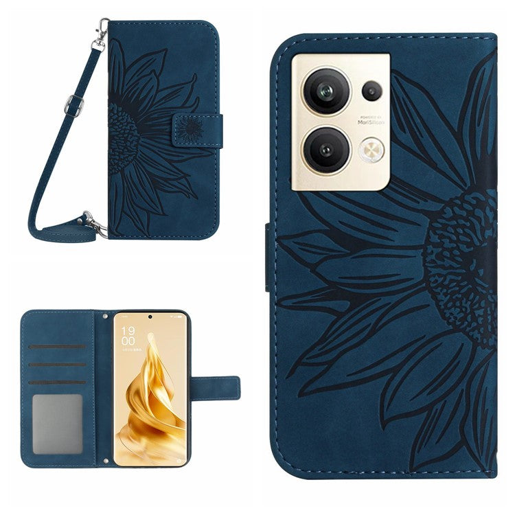 Protective Phone Cover For Oppo Reno9 Pro+ 5G, HT04 PU Leather Sunflower Imprinted Wallet Stand Skin-touch Feeling Flip Phone Case with Shoulder Strap - Dark Blue