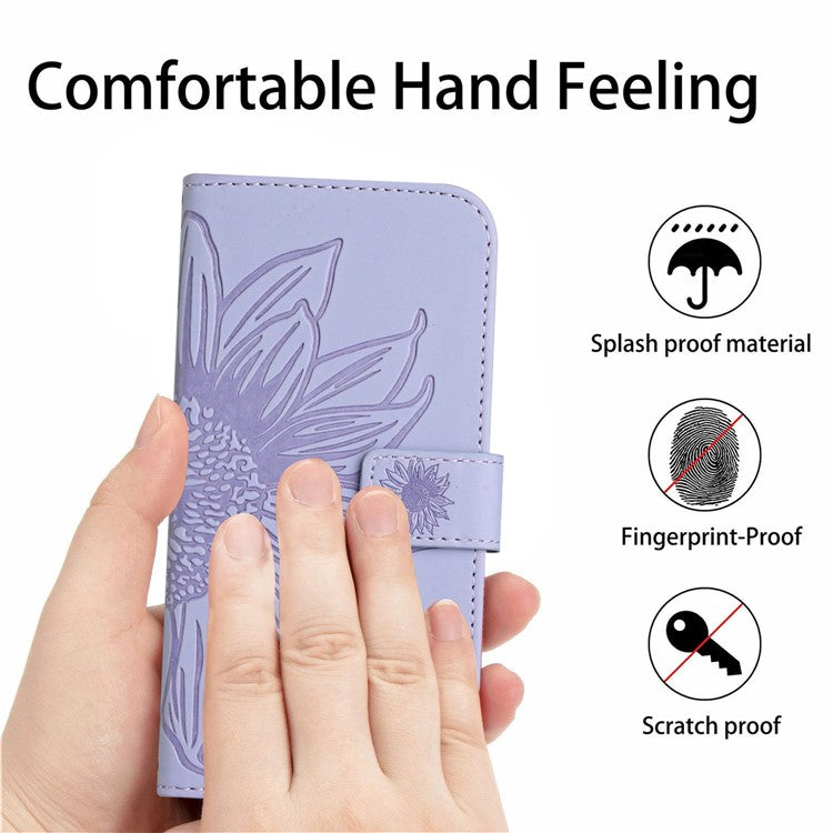 Protective Phone Cover For Oppo Reno9 Pro+ 5G, HT04 PU Leather Sunflower Imprinted Wallet Stand Skin-touch Feeling Flip Phone Case with Shoulder Strap - Light Purple