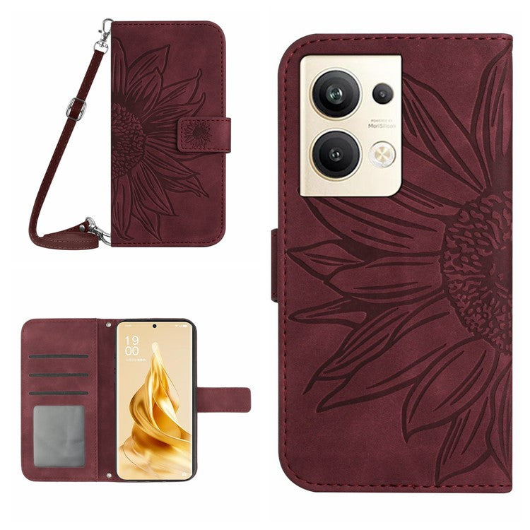 Protective Phone Cover For Oppo Reno9 Pro+ 5G, HT04 PU Leather Sunflower Imprinted Wallet Stand Skin-touch Feeling Flip Phone Case with Shoulder Strap - Wine Red