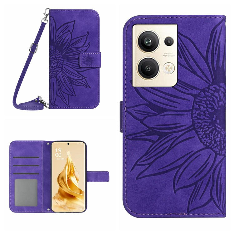 Protective Phone Cover For Oppo Reno9 Pro+ 5G, HT04 PU Leather Sunflower Imprinted Wallet Stand Skin-touch Feeling Flip Phone Case with Shoulder Strap - Dark Purple