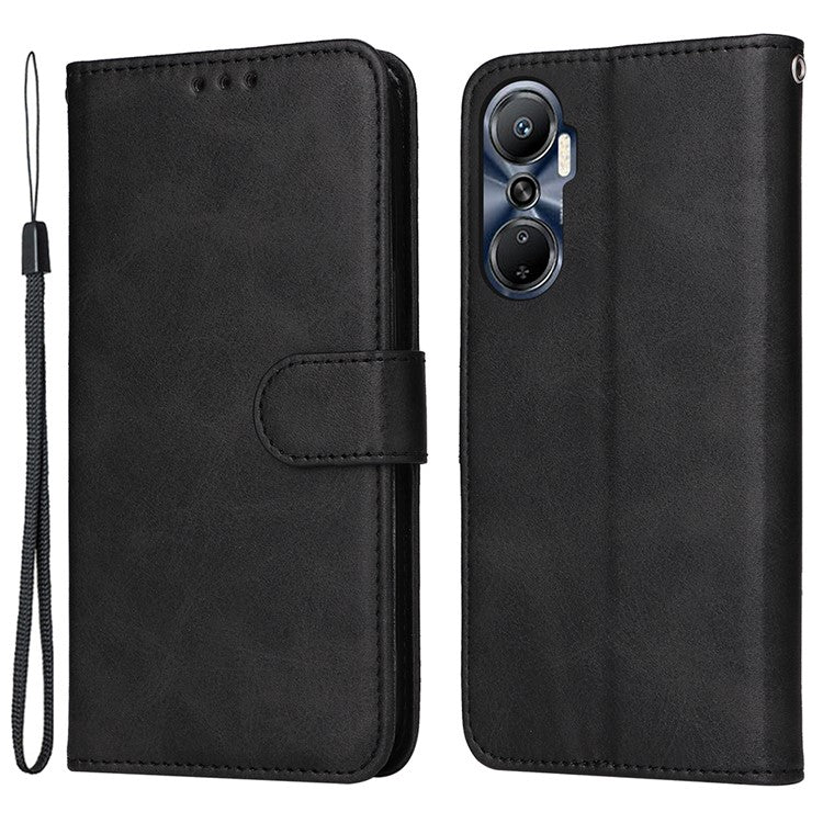 Anti-Drop PU Leather Phone Case For Infinix Hot 20 4G, Calf Texture Magnetic Flip Wallet Stand Protective Phone Cover with Strap - Black