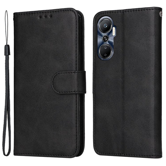Anti-Drop PU Leather Phone Case For Infinix Hot 20 4G, Calf Texture Magnetic Flip Wallet Stand Protective Phone Cover with Strap - Black