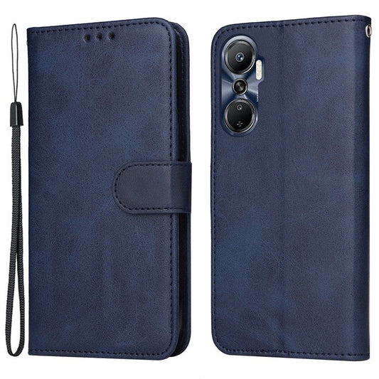 Anti-Drop PU Leather Phone Case For Infinix Hot 20 4G, Calf Texture Magnetic Flip Wallet Stand Protective Phone Cover with Strap - Blue
