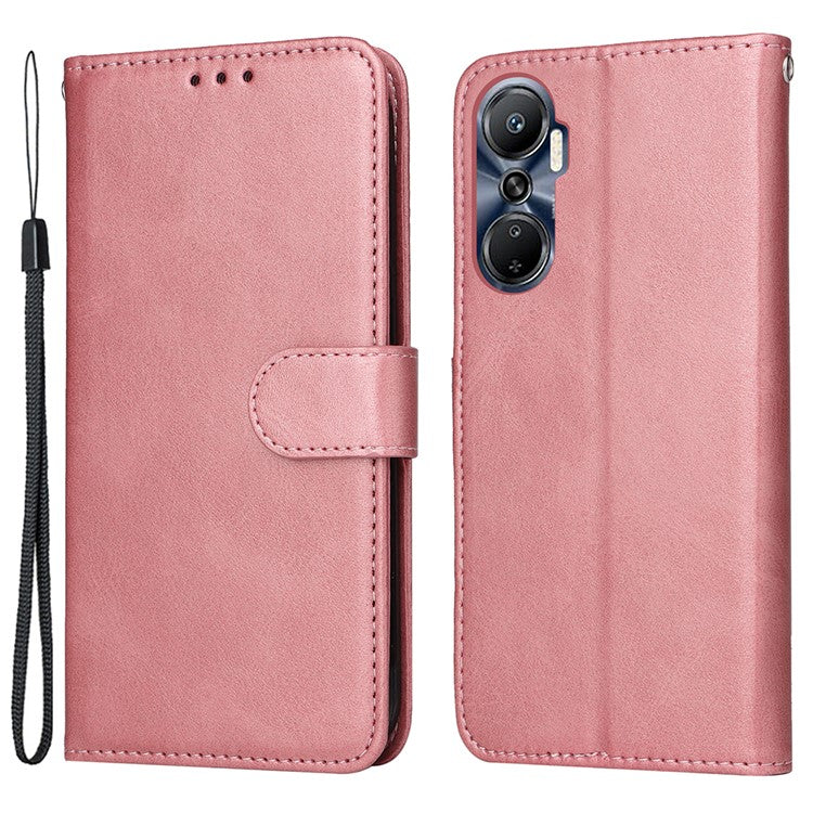 Anti-Drop PU Leather Phone Case For Infinix Hot 20 4G, Calf Texture Magnetic Flip Wallet Stand Protective Phone Cover with Strap - Rose Gold