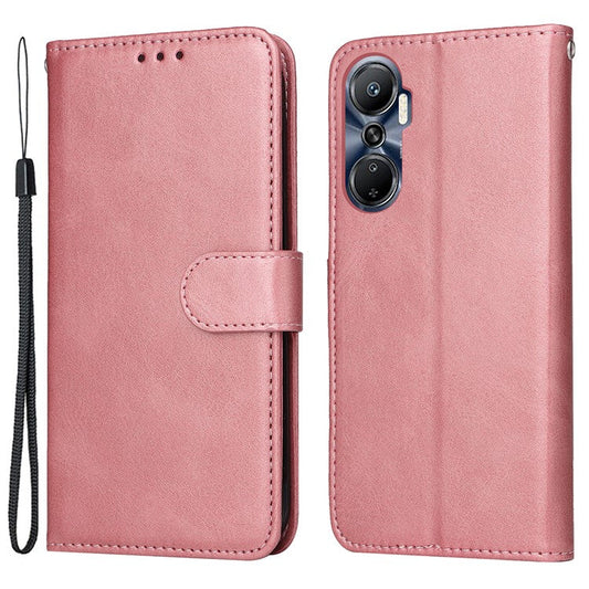 Anti-Drop PU Leather Phone Case For Infinix Hot 20 4G, Calf Texture Magnetic Flip Wallet Stand Protective Phone Cover with Strap - Rose Gold