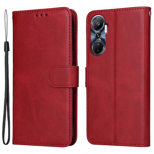 Anti-Drop PU Leather Phone Case For Infinix Hot 20 4G, Calf Texture Magnetic Flip Wallet Stand Protective Phone Cover with Strap - Red