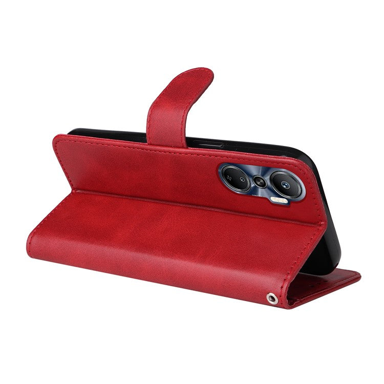 Anti-Drop PU Leather Phone Case For Infinix Hot 20 4G, Calf Texture Magnetic Flip Wallet Stand Protective Phone Cover with Strap - Red