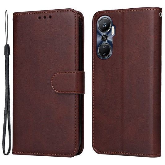 Anti-Drop PU Leather Phone Case For Infinix Hot 20 4G, Calf Texture Magnetic Flip Wallet Stand Protective Phone Cover with Strap - Brown