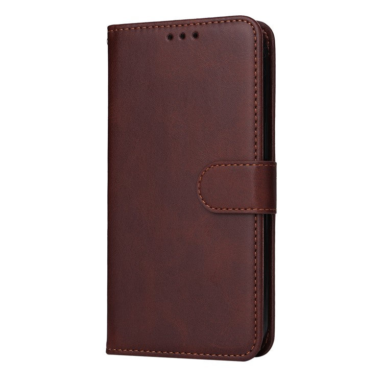 Anti-Drop PU Leather Phone Case For Infinix Hot 20 4G, Calf Texture Magnetic Flip Wallet Stand Protective Phone Cover with Strap - Brown