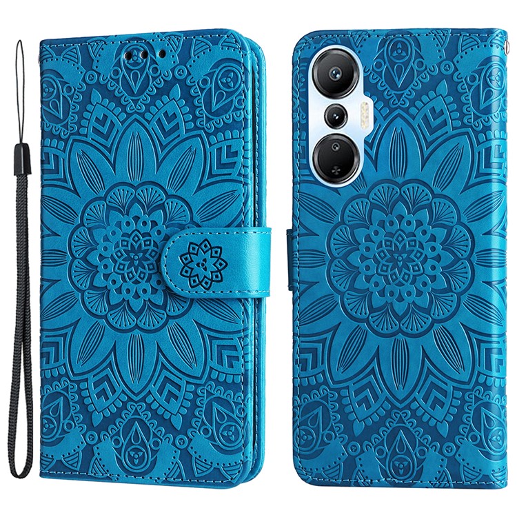 For Infinix Hot 20S 4G PU Leather Sunflower Imprinted Smartphone Case Stand Wallet Cover with Hand Strap - Blue