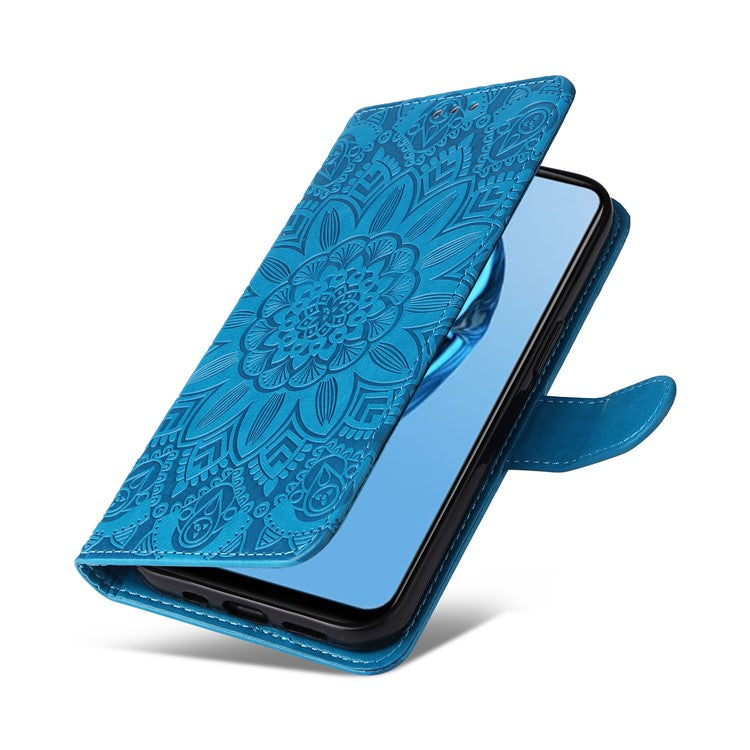 For Infinix Hot 20S 4G PU Leather Sunflower Imprinted Smartphone Case Stand Wallet Cover with Hand Strap - Blue