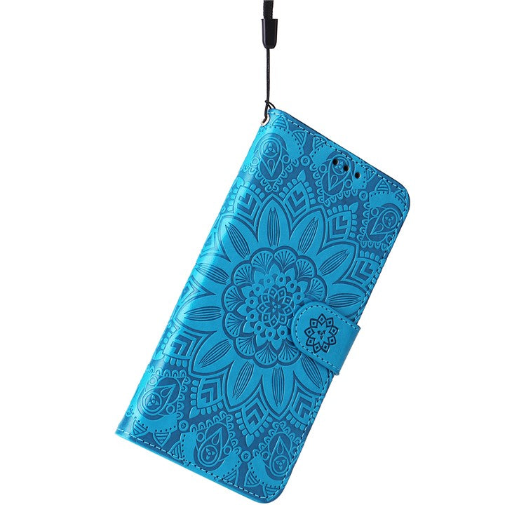 For Infinix Hot 20S 4G PU Leather Sunflower Imprinted Smartphone Case Stand Wallet Cover with Hand Strap - Blue