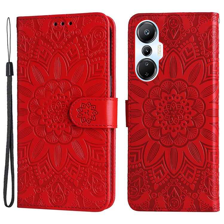 For Infinix Hot 20S 4G PU Leather Sunflower Imprinted Smartphone Case Stand Wallet Cover with Hand Strap - Red